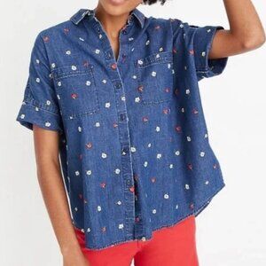 Madewell Embroidered Floral Denim Courier Shirt In Confetti Floral Size XL Top